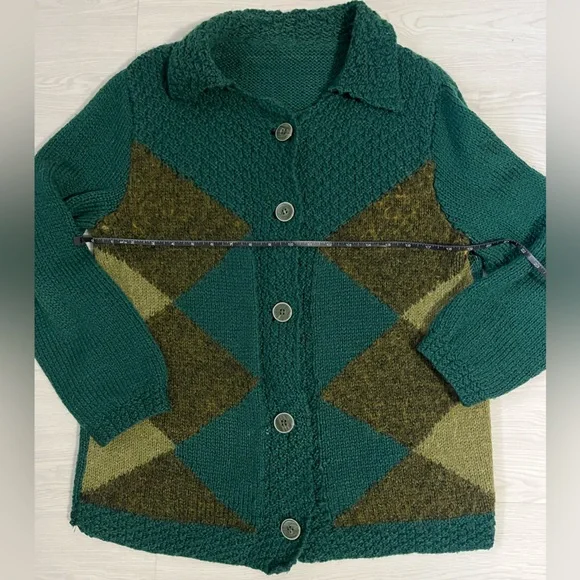 vintage textured knit cardigan sweater emerald green with argyle green pattern - Picture 5 of 7